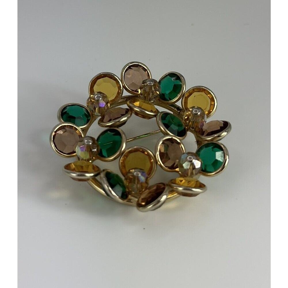 VTG Emerald Citrine Glass Bezel Set Brooch